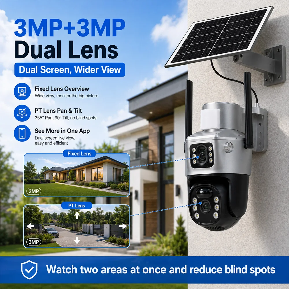 Security Camera System Solar 4G - 4G対応ソーラー防犯カメラ、3MP+3MPデュアルレンズ、PTZ機能、IP66防水規格、屋外用、PIRモーション検知、V380アプリ対応、Wi-Fi不要、ワイヤレスCCTVカメラ、家庭用、農場用。