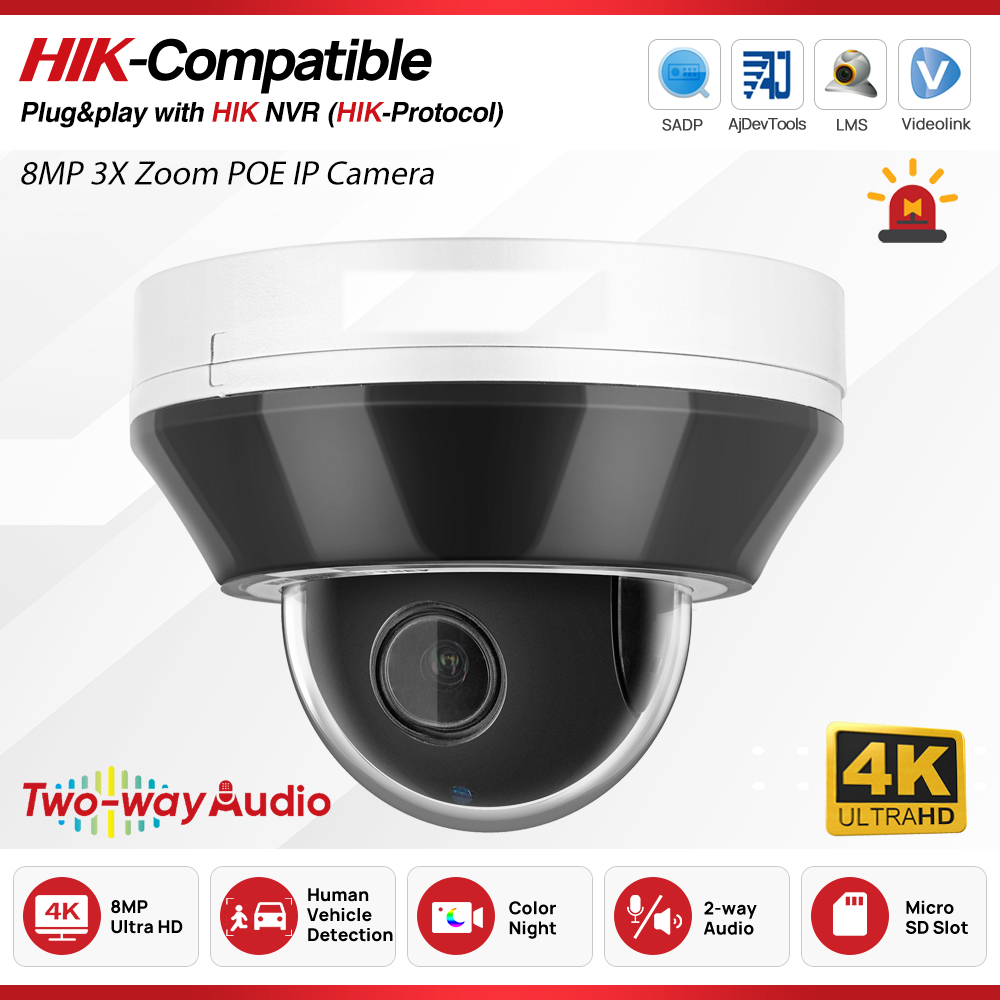 Hikvision Ip Camera 8Mp Dome - Hikvision対応 4K 8MP 3倍ズーム IR PTZカメラ。人物・車両を検知し、アラームを発するスマート機能、双方向音声通話、IK10、IP67対応。