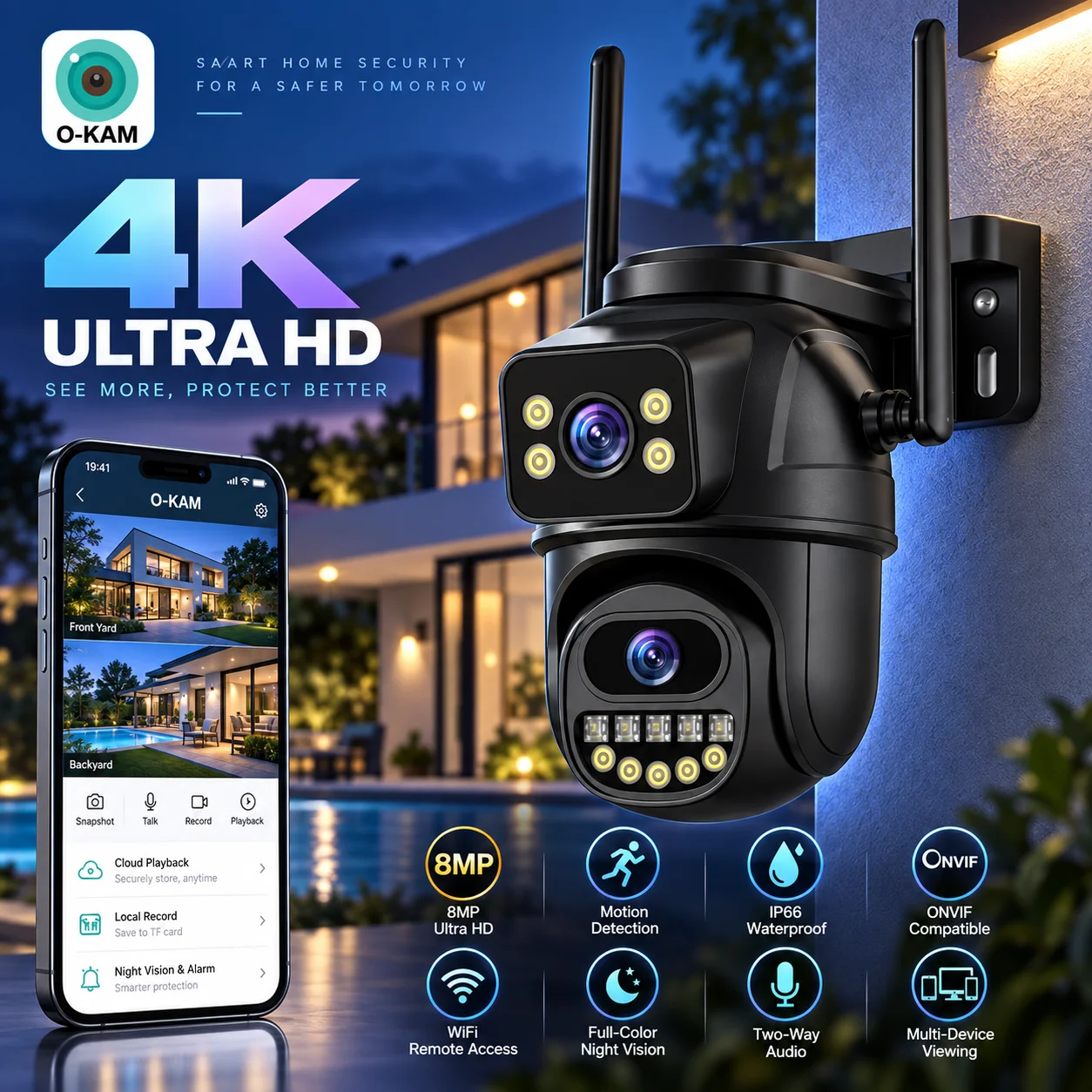 Ip Camera 4K 8Mp Outdoor Ptz - 8MP 4K Wi-Fi対応、デュアルレンズ、PTZ機能搭載の屋外用IPカメラ。AIによる人物検知機能、4倍デジタルズーム、ONVIF対応。BELIA。