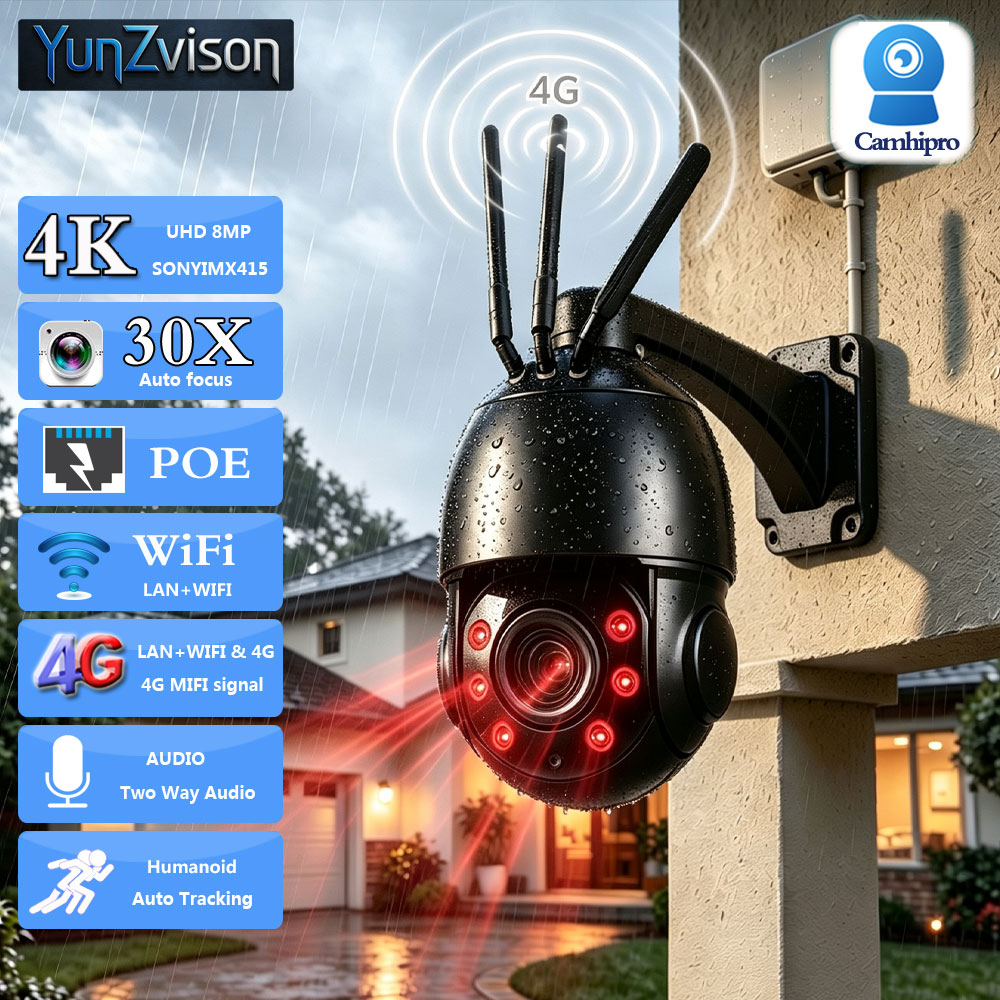 Ptz Camera 30X Zoom Poe - 3G/4G対応SIMカード、4K/8MP、30倍ズーム、監視用IPカメラ、PTZ機能、金属製ドーム型、Wi-Fi＆PoE対応、双方向音声、赤外線80m、人物追跡機能