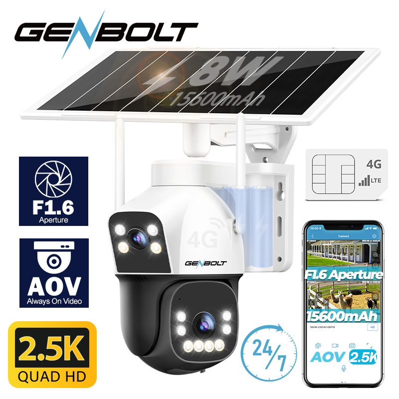 Security Camera System Solar 4G - GENBOLT 4G AOV セルラーソーラー防犯カメラ（屋外用、ワイヤレス）、AOV 7/24録画、3MP+3MP、Wi-Fi非対応、SIMカード搭載、8W、15600mAhバッテリー内蔵、LTE対応、CCTVカメラ。