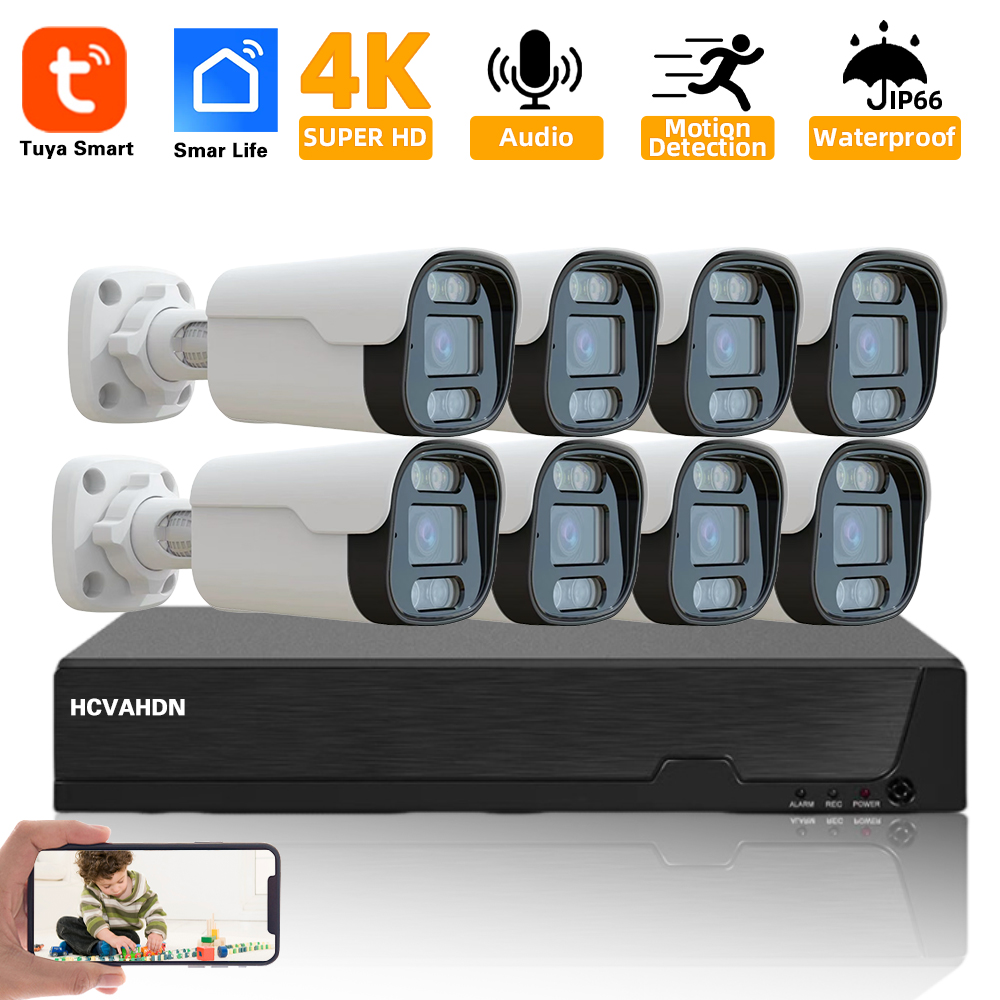 Poe Security Camera 8Mp 4K - 屋外セキュリティカメラキット,4k,8ch,poe,nvr,オーディオ録音,人間検出,弾丸IPカメラ,ビデオ監視,スマートライフシステム,Tuya