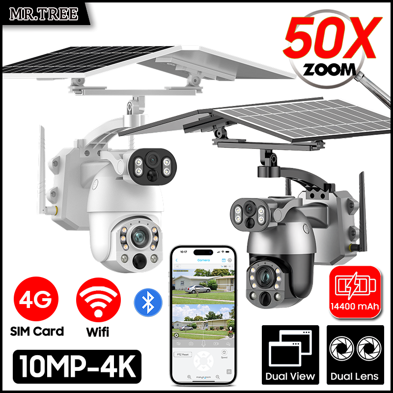 Security Camera System Solar 4G - デュアルレンズ付きソーラーカメラ,4G SIMカード,PTZ監視,wifi,屋外セキュリティ,ヒューマノイド追跡,IP cctvカメラ,4K, 50倍光学ズーム,10mp