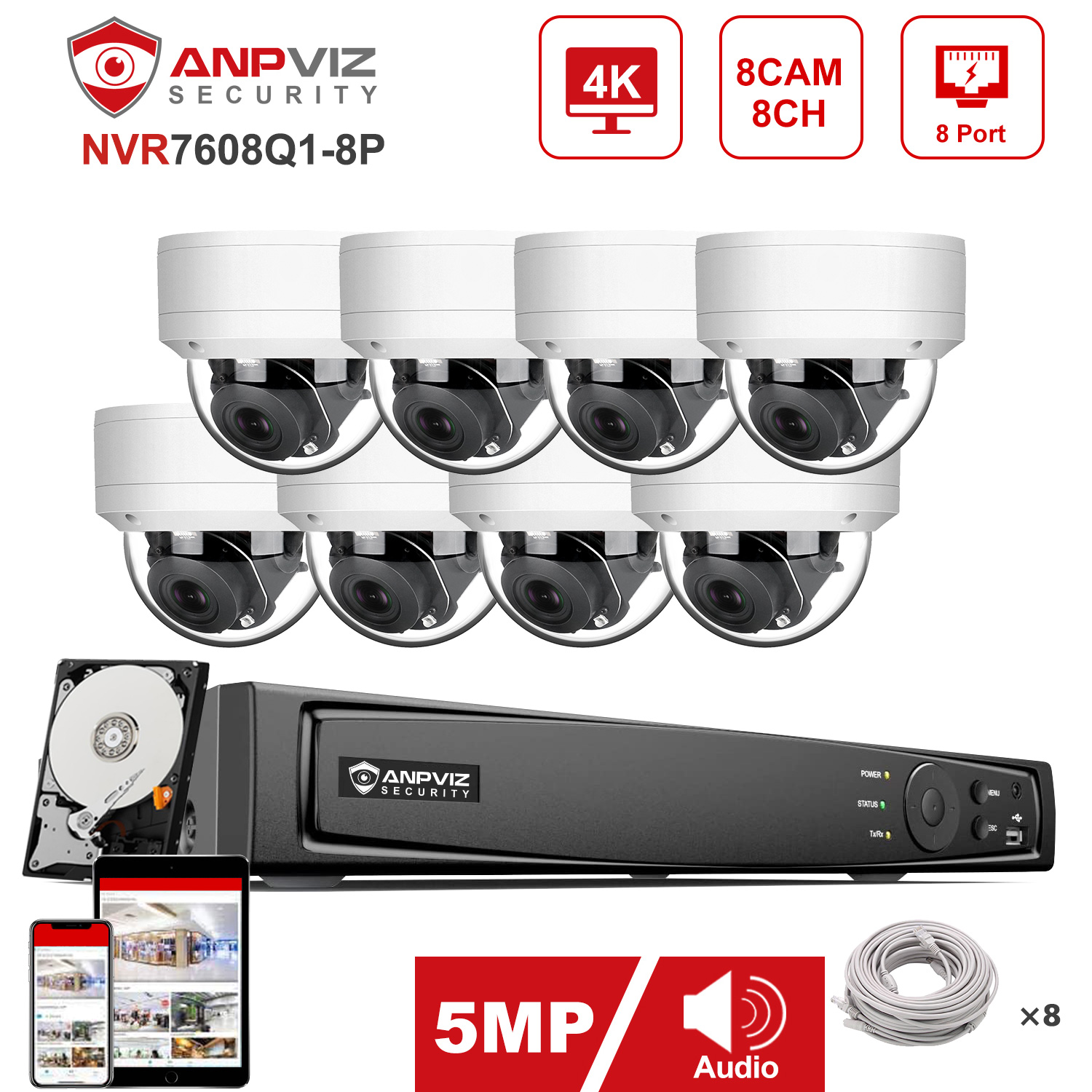 Nvr Kit 4 Camera 5Mp Poe - Anpviz-IPセキュリティカメラシステムキット,8ch,4k,nvr,5mp,ip,ptz,5xズーム,poe,オーディオ,屋内,屋外,p2p,ip66,ir30m,5mp