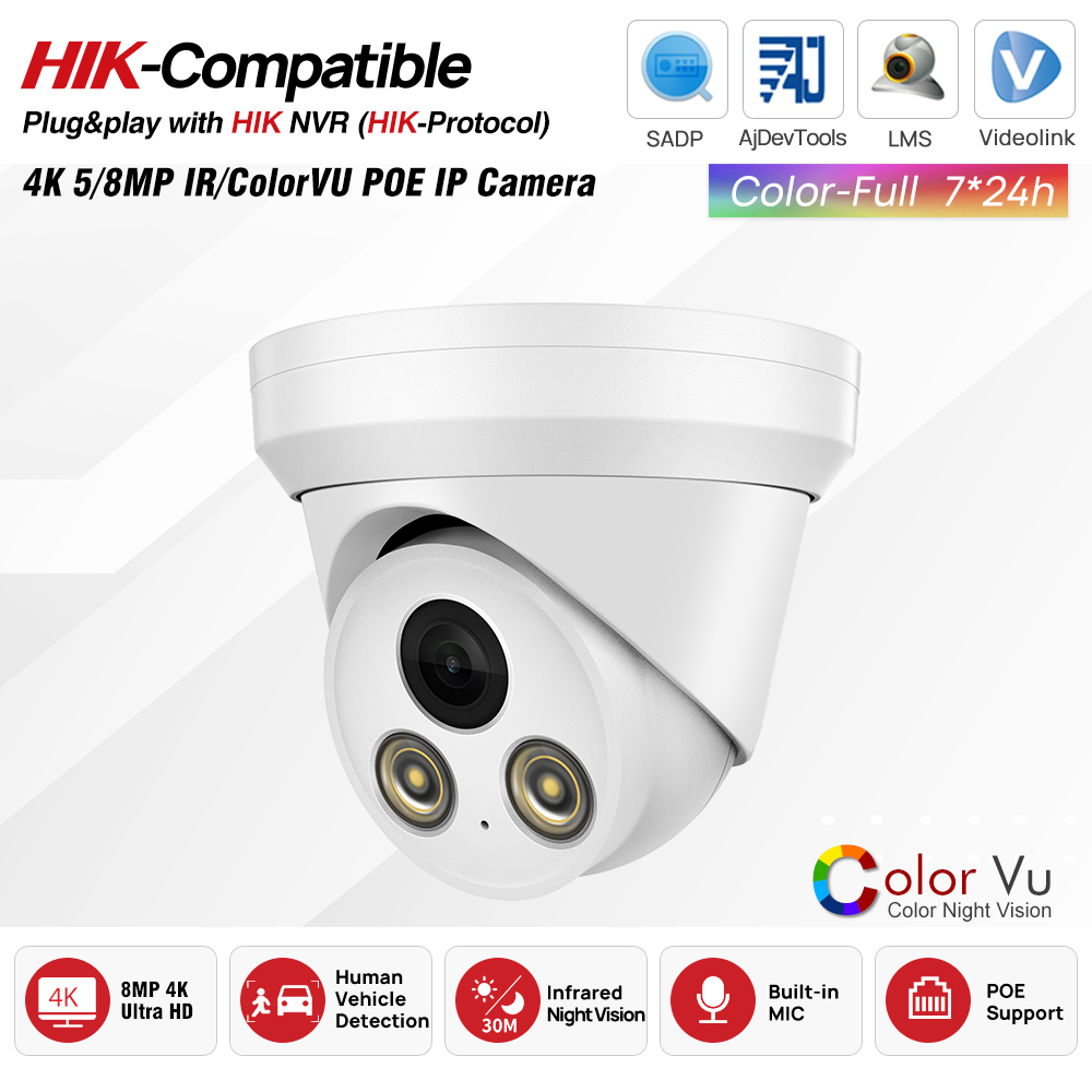Hikvision Ip Camera 8Mp Dome - Hikvision対応 5MP/8MP PoE IR/ColorVu IPカメラ、内蔵マイク、セキュリティ監視用IPカメラ、HIK NVRと接続してすぐに使用可能。