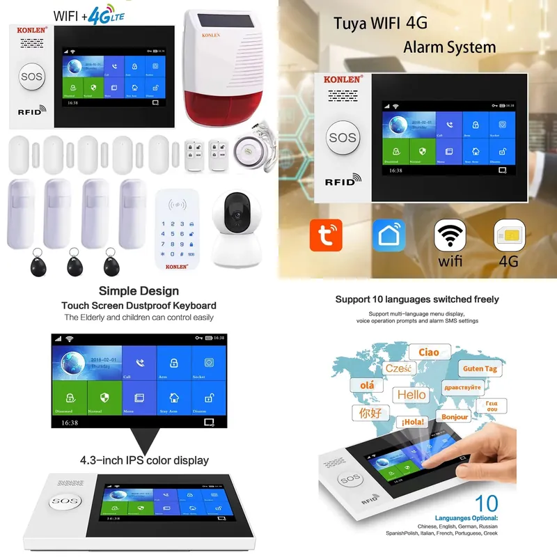 Security Camera System Solar 4G - Tuya スマートアラームシステム、セキュリティホーム、Wi-Fi、4G、GSM対応、タッチスクリーンパネル、ワイヤレスキット、カメラ、ソーラーアラーム、モーションセンサー、ドアセンサー付き。