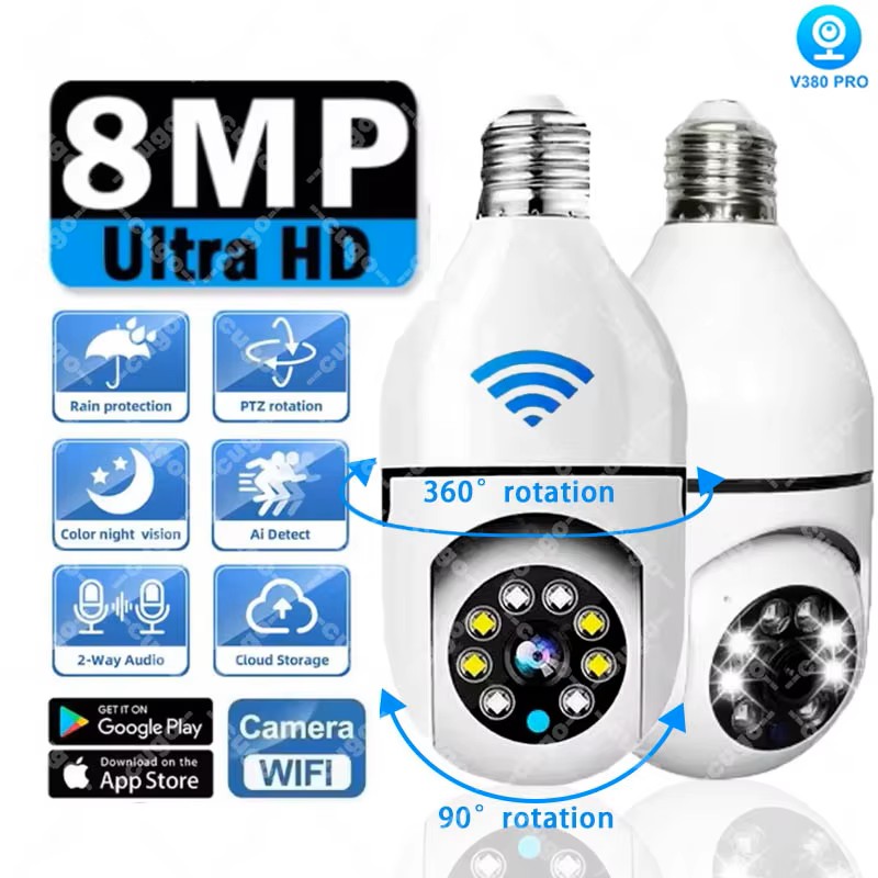 8MP E27電球型監視カメラ Wifi IP PTZ CC - Cctv Camera System 8 Camera Wireless のレビューと価格