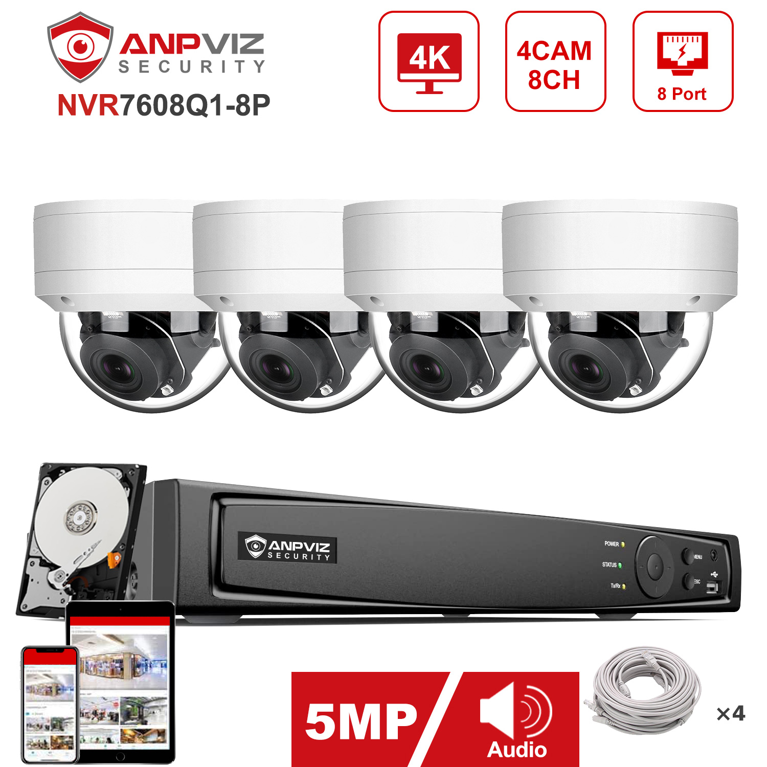 Anpviz-IPセキュリティカメラシステムキット,8ch, - Nvr Kit 4 Camera 5Mp Poe のレビューと価格