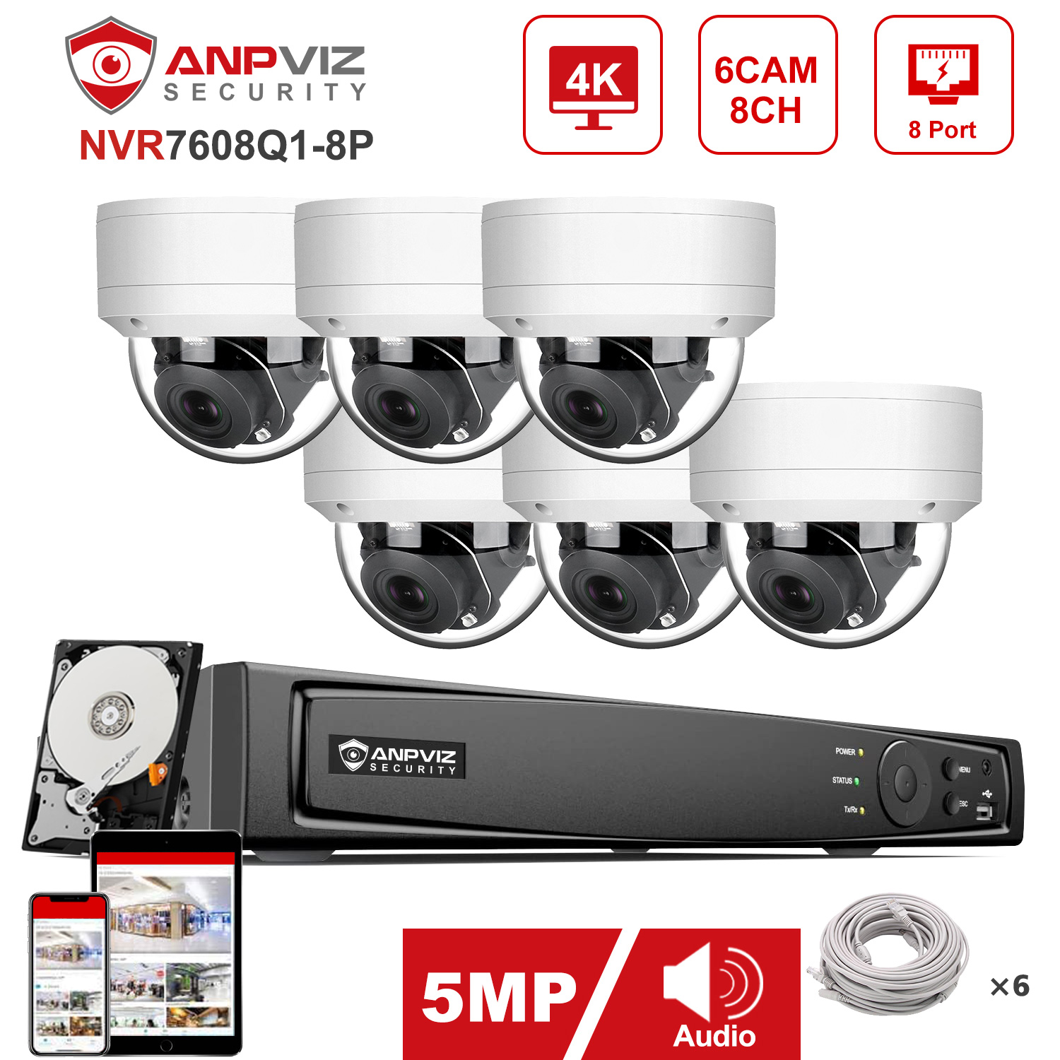 Anpviz-IPセキュリティカメラシステムキット,8ch, - Nvr Kit 4 Camera 5Mp Poe のレビューと価格